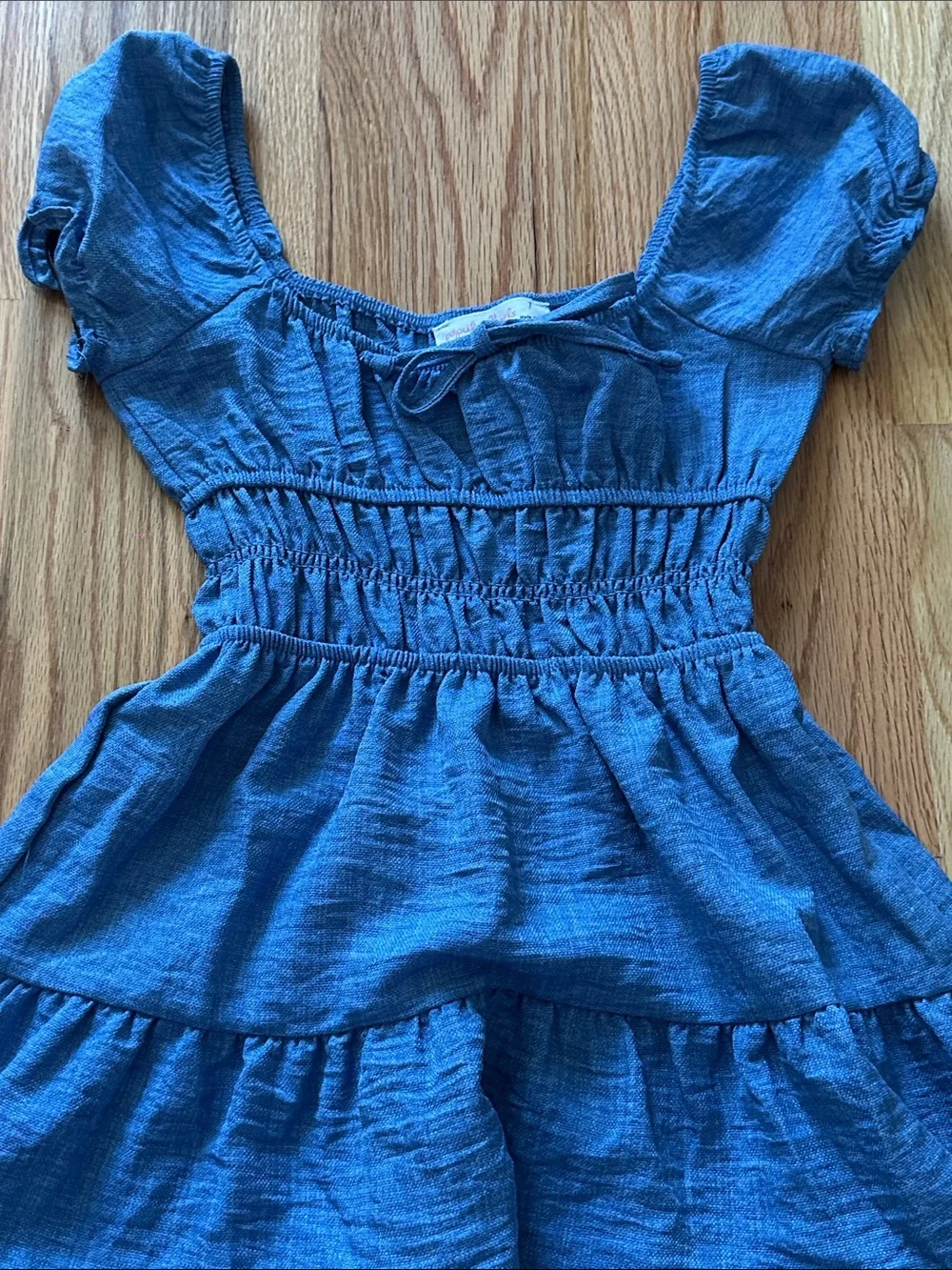 Girls Blue Tiered Smocked Waist Dress with Puff Sleeves